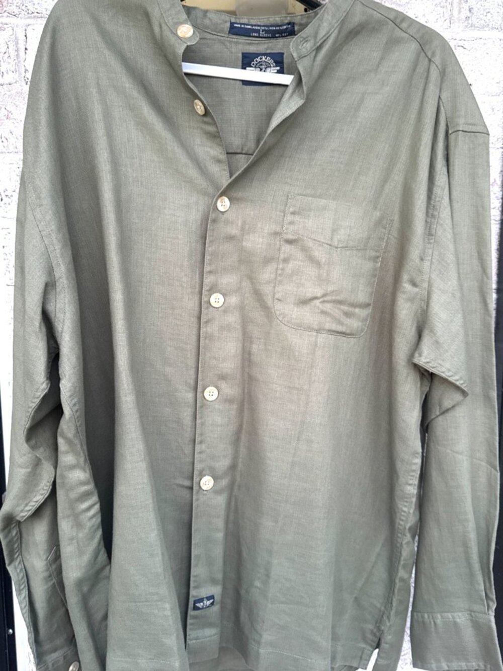 Vtg Dockers Men’s Blend Mandarin Collar Olive Green Button Up Shirt Minimalist L